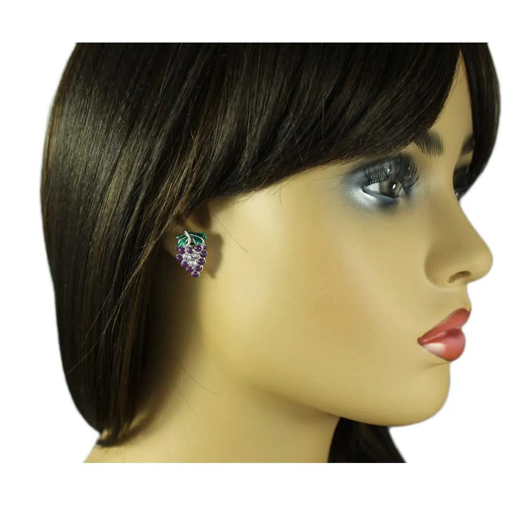 Purple and Green Enamel and Crystal Grapes Pierced Earring - REE306