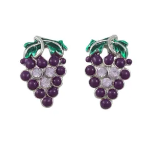 Purple and Green Enamel and Crystal Grapes Pierced Earring - REE306