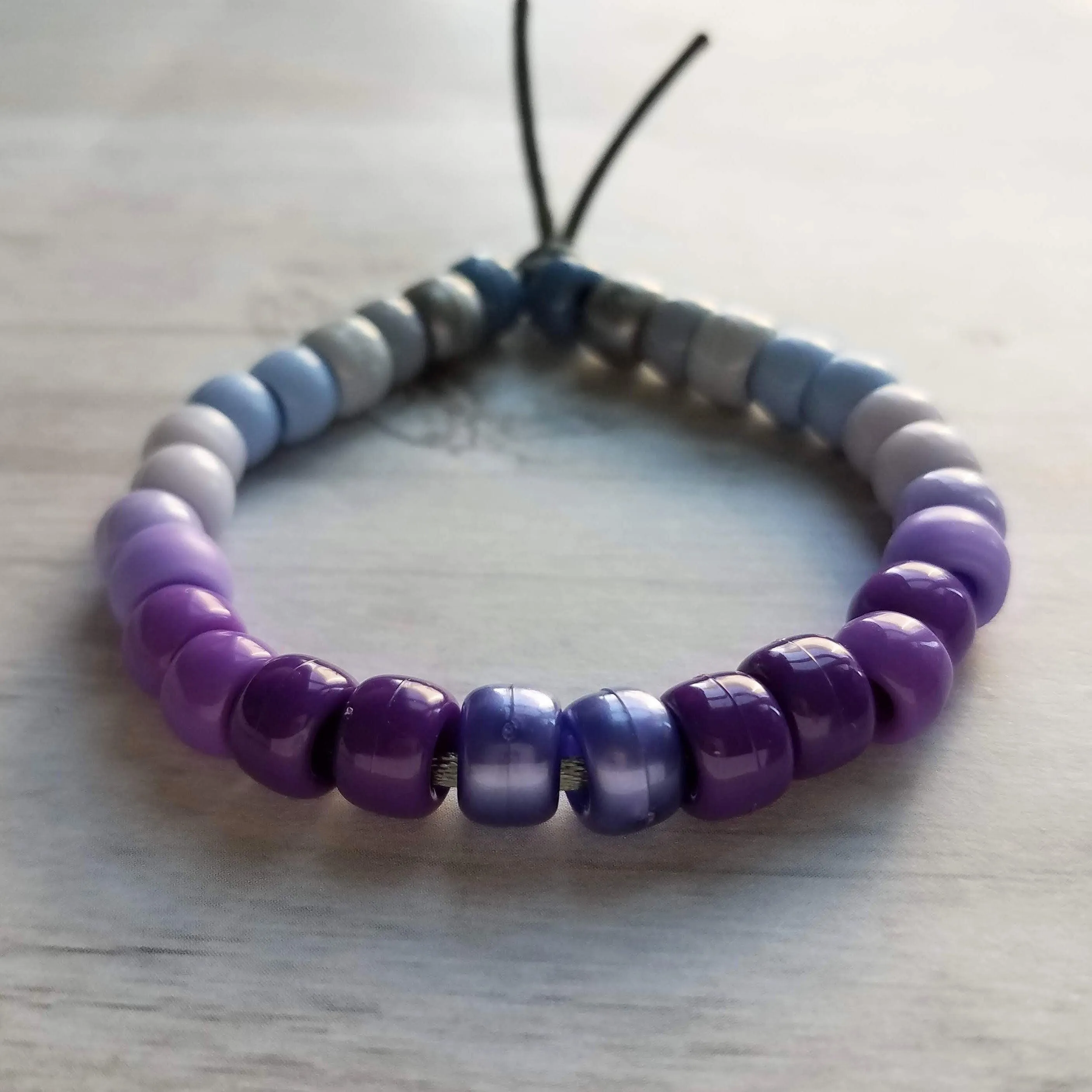 Purple Bead Bracelet, purple grey bracelet, gray bead bracelet, ombre bracelet, big pony bead bracelet, crow bead bracelet tie on adjustable