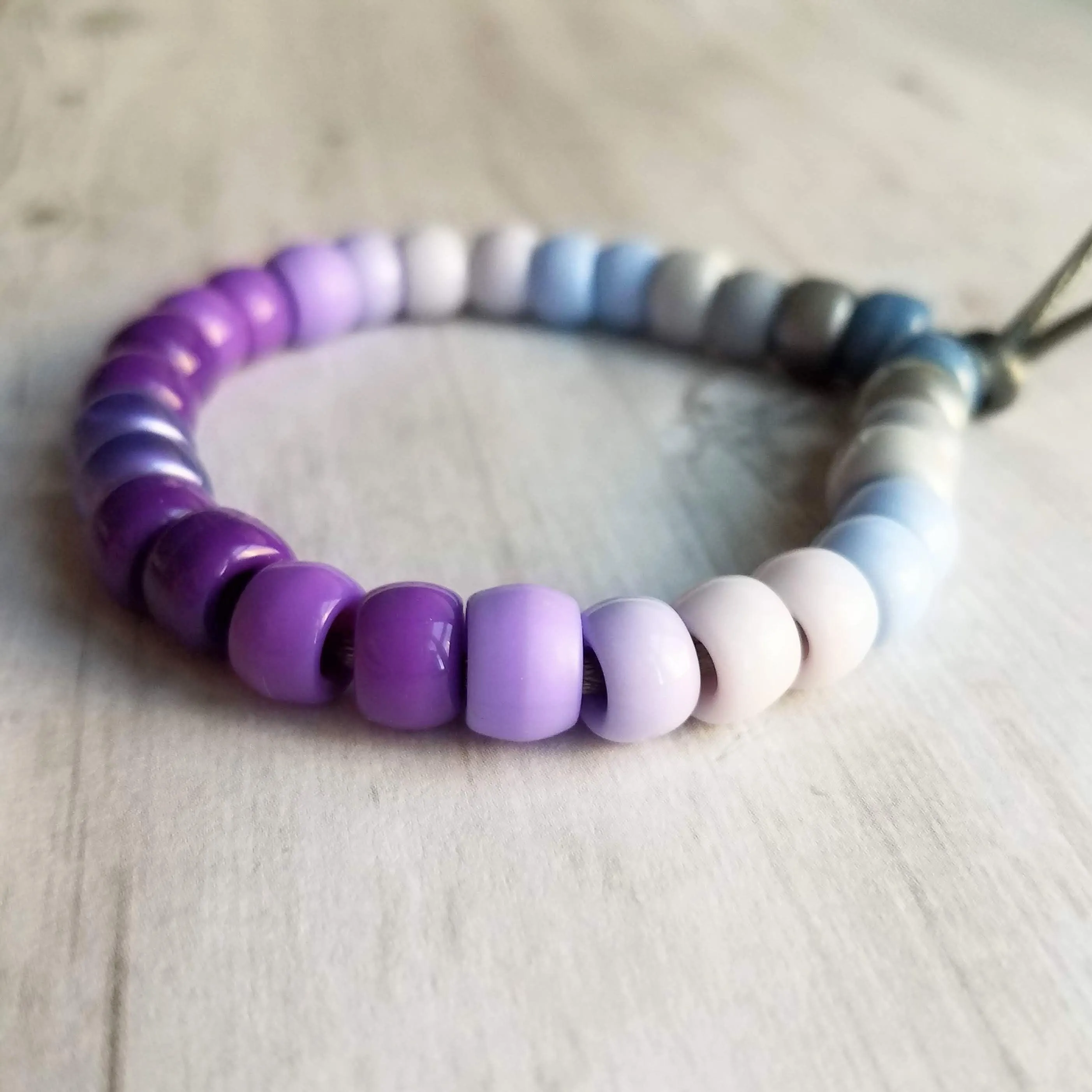 Purple Bead Bracelet, purple grey bracelet, gray bead bracelet, ombre bracelet, big pony bead bracelet, crow bead bracelet tie on adjustable