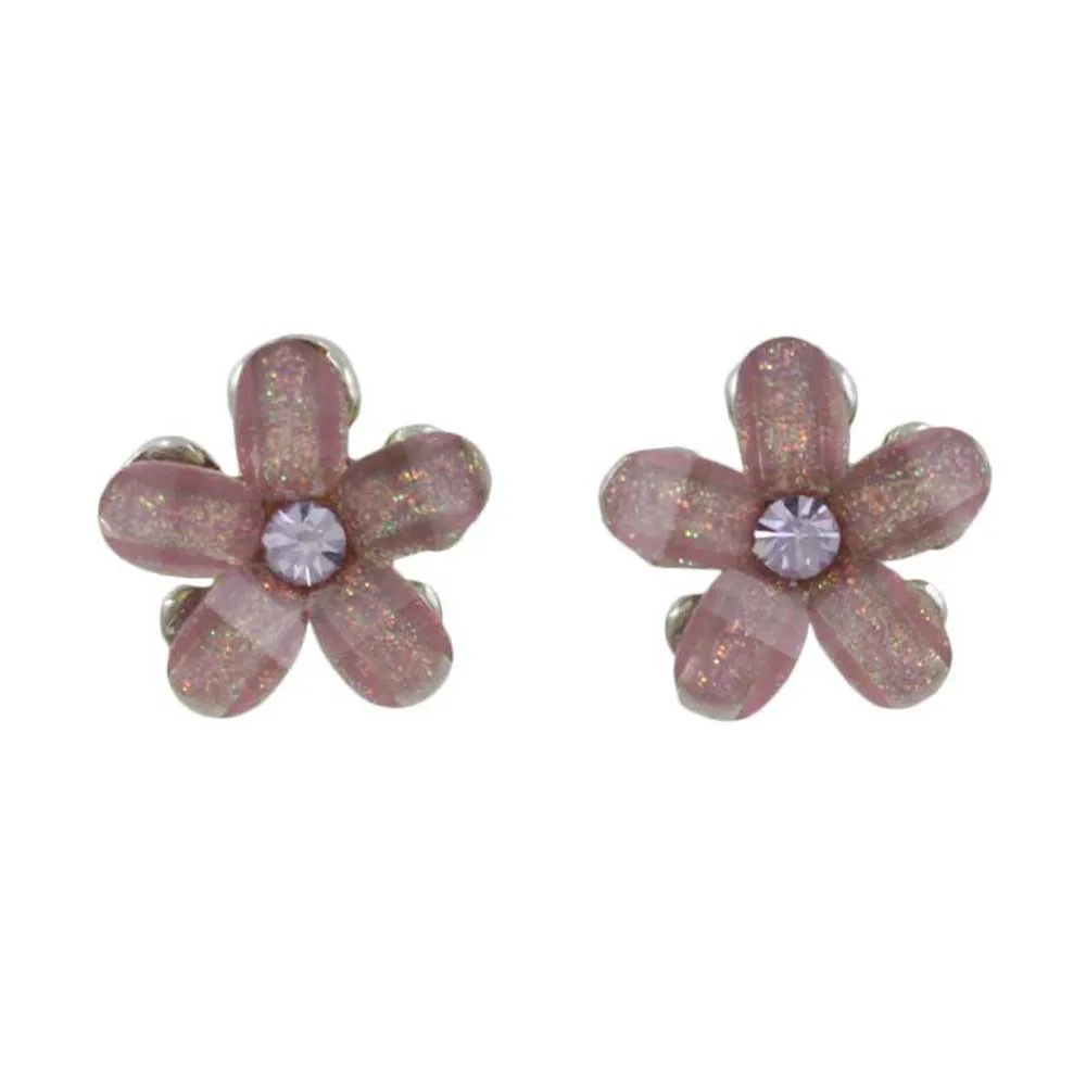 Purple Glass and Crystal Daisy Flower Pierced Earring - PRL929E