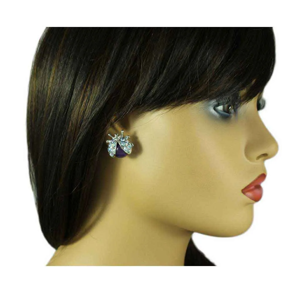 Purple Ladybug with Crystal Wings Pierced Earring - REC575