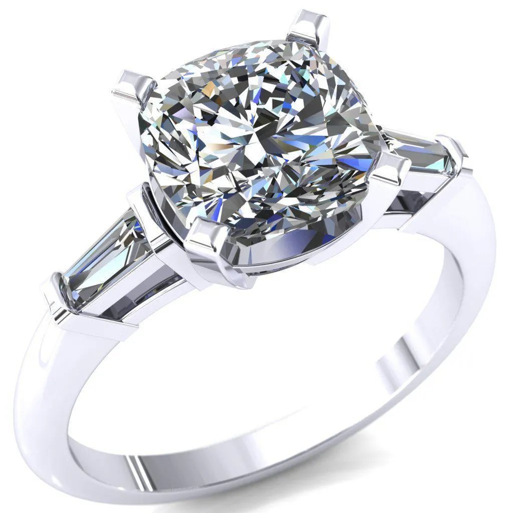 Quinn Cushion Center Stone 4 Prong Single Baguette Diamond Side Ring
