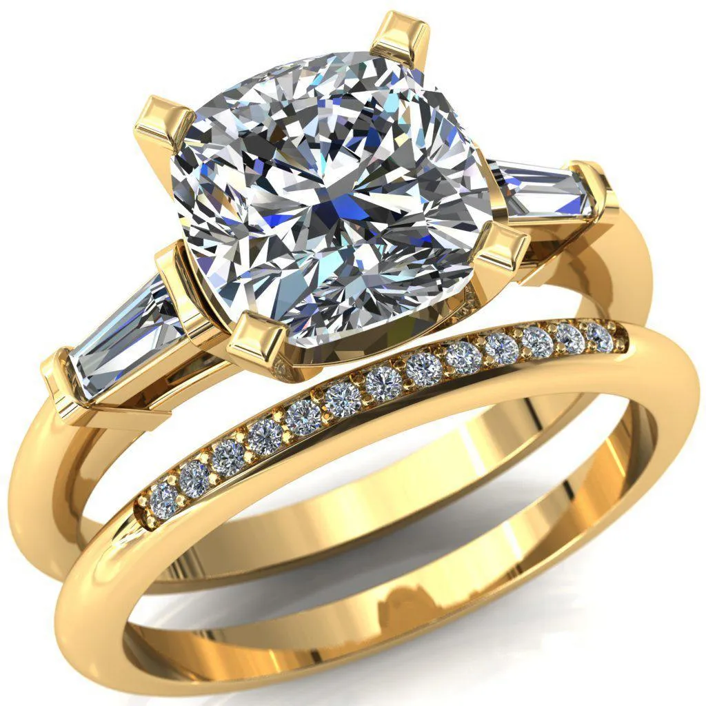 Quinn Cushion Center Stone 4 Prong Single Baguette Diamond Side Ring