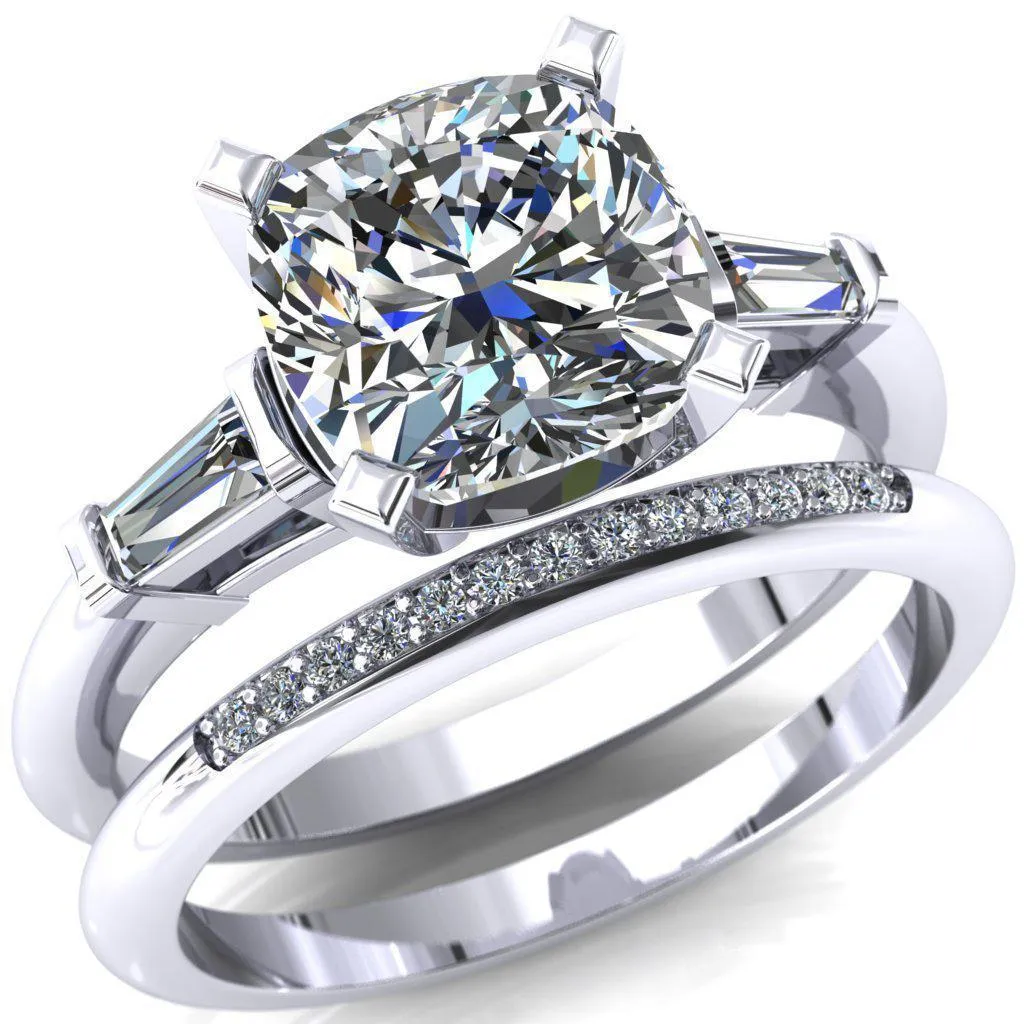 Quinn Cushion Center Stone 4 Prong Single Baguette Diamond Side Ring