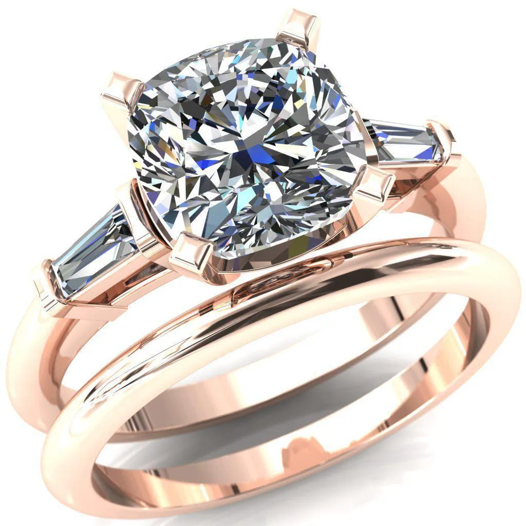 Quinn Cushion Center Stone 4 Prong Single Baguette Diamond Side Ring