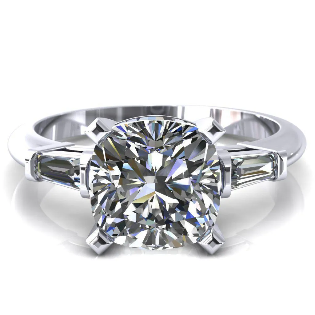 Quinn Cushion Center Stone 4 Prong Single Baguette Diamond Side Ring