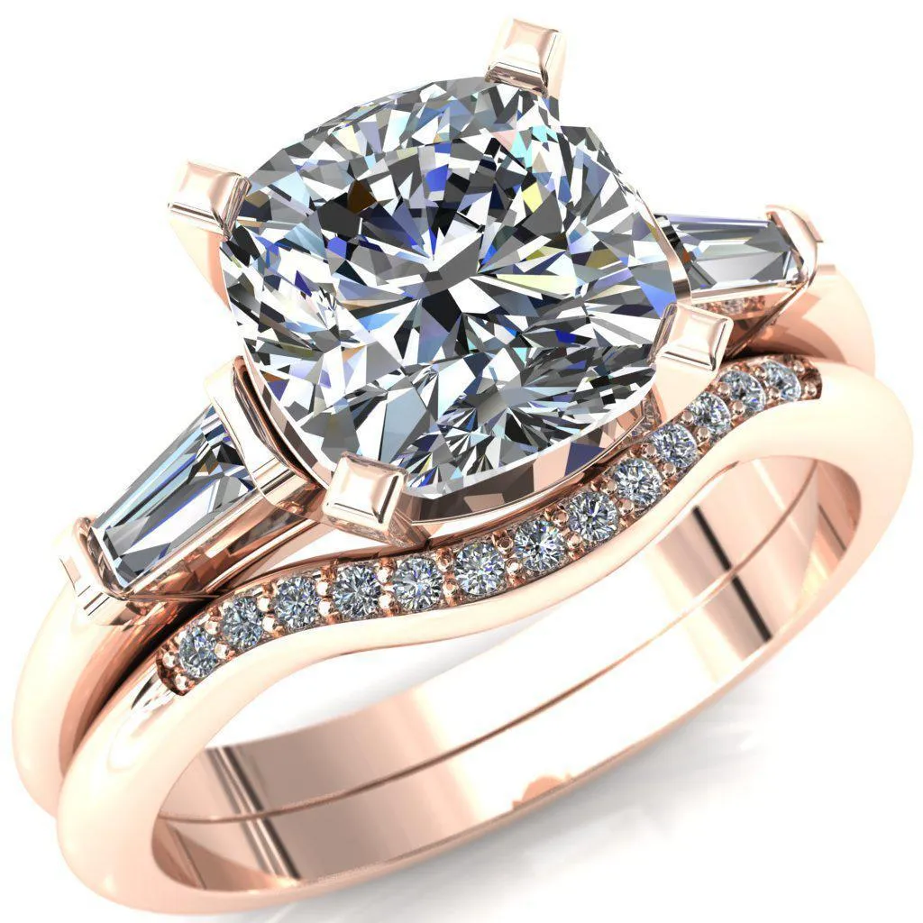 Quinn Cushion Center Stone 4 Prong Single Baguette Diamond Side Ring