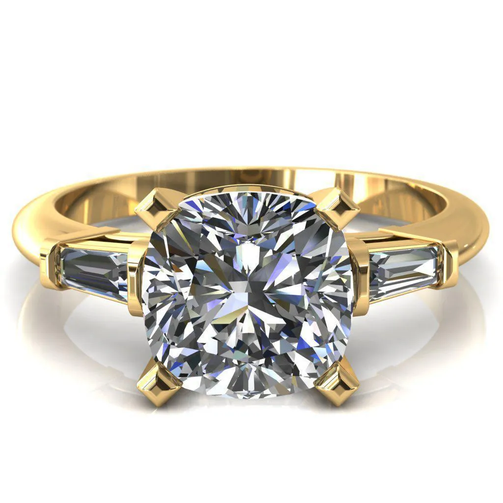 Quinn Cushion Center Stone 4 Prong Single Baguette Diamond Side Ring