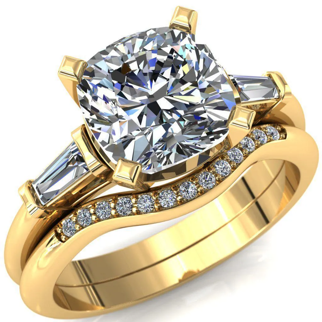 Quinn Cushion Center Stone 4 Prong Single Baguette Diamond Side Ring