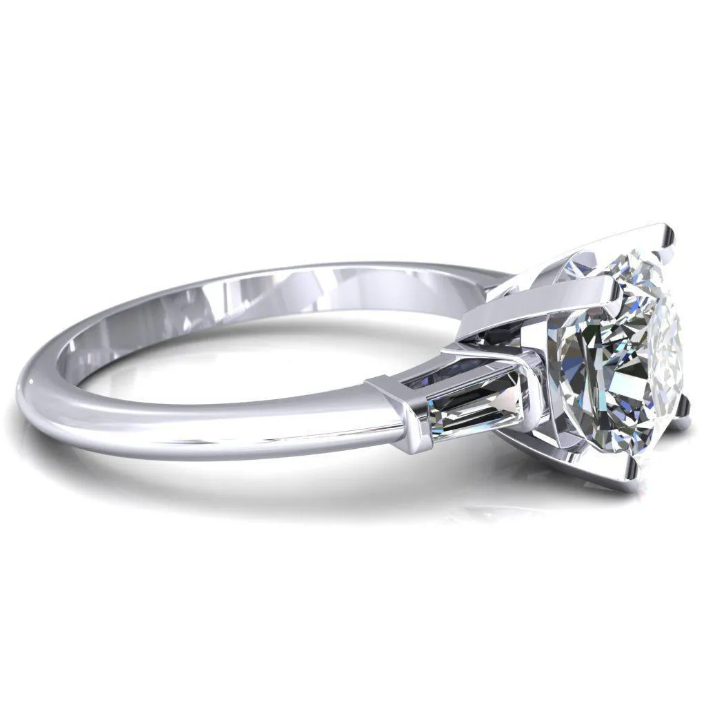 Quinn Cushion Center Stone 4 Prong Single Baguette Diamond Side Ring