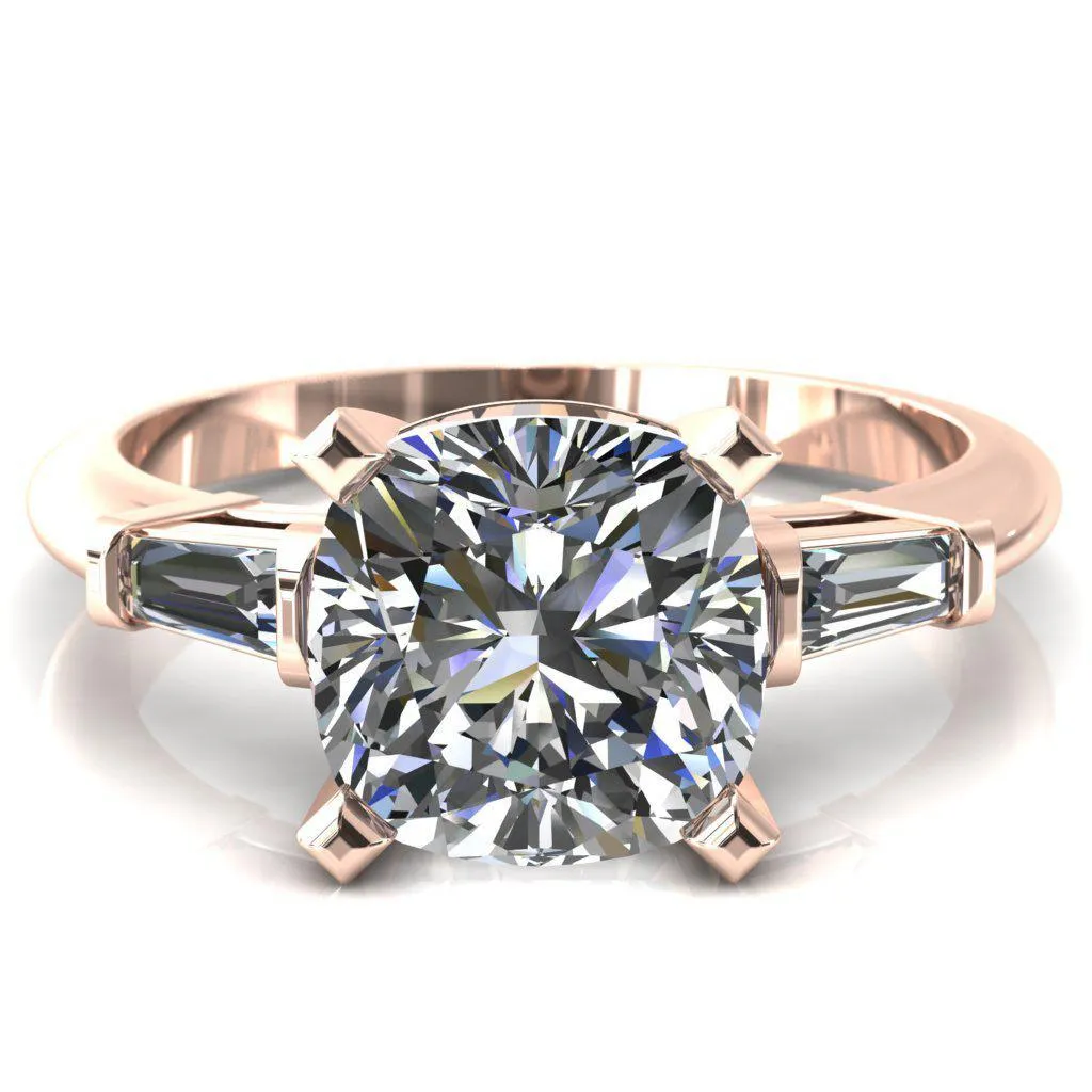 Quinn Cushion Center Stone 4 Prong Single Baguette Diamond Side Ring
