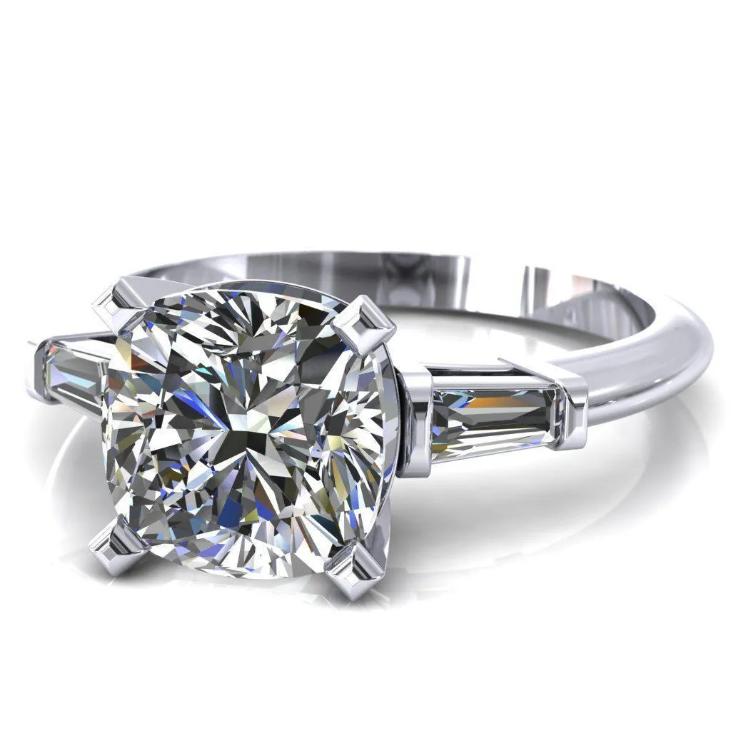 Quinn Cushion Center Stone 4 Prong Single Baguette Diamond Side Ring