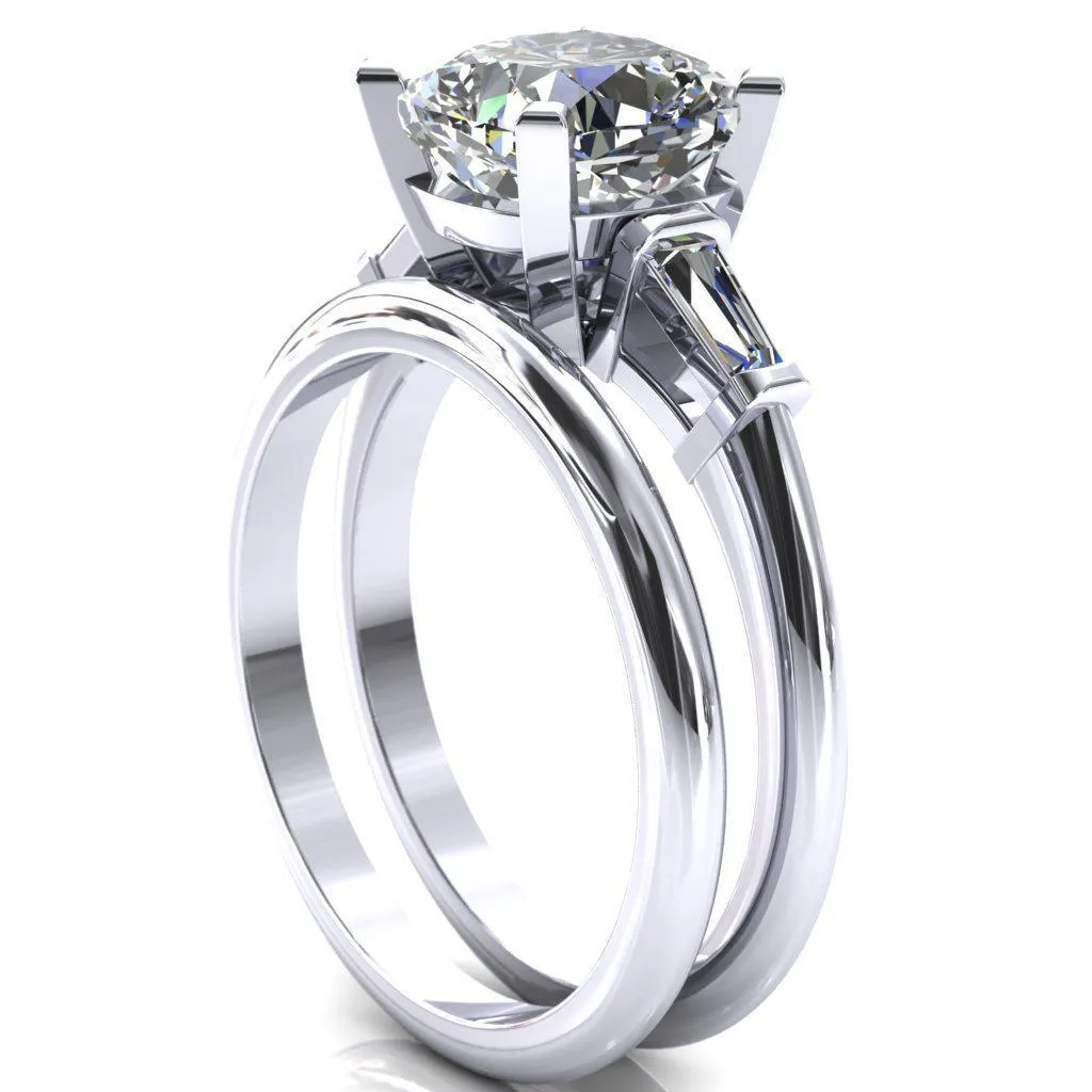 Quinn Cushion Center Stone 4 Prong Single Baguette Diamond Side Ring