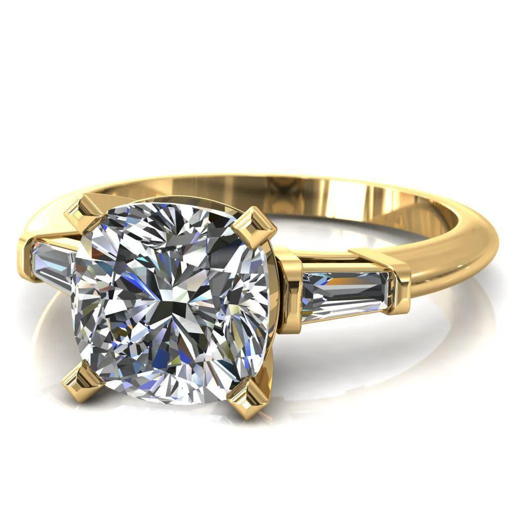 Quinn Cushion Center Stone 4 Prong Single Baguette Diamond Side Ring