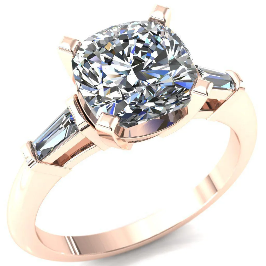 Quinn Cushion Center Stone 4 Prong Single Baguette Diamond Side Ring