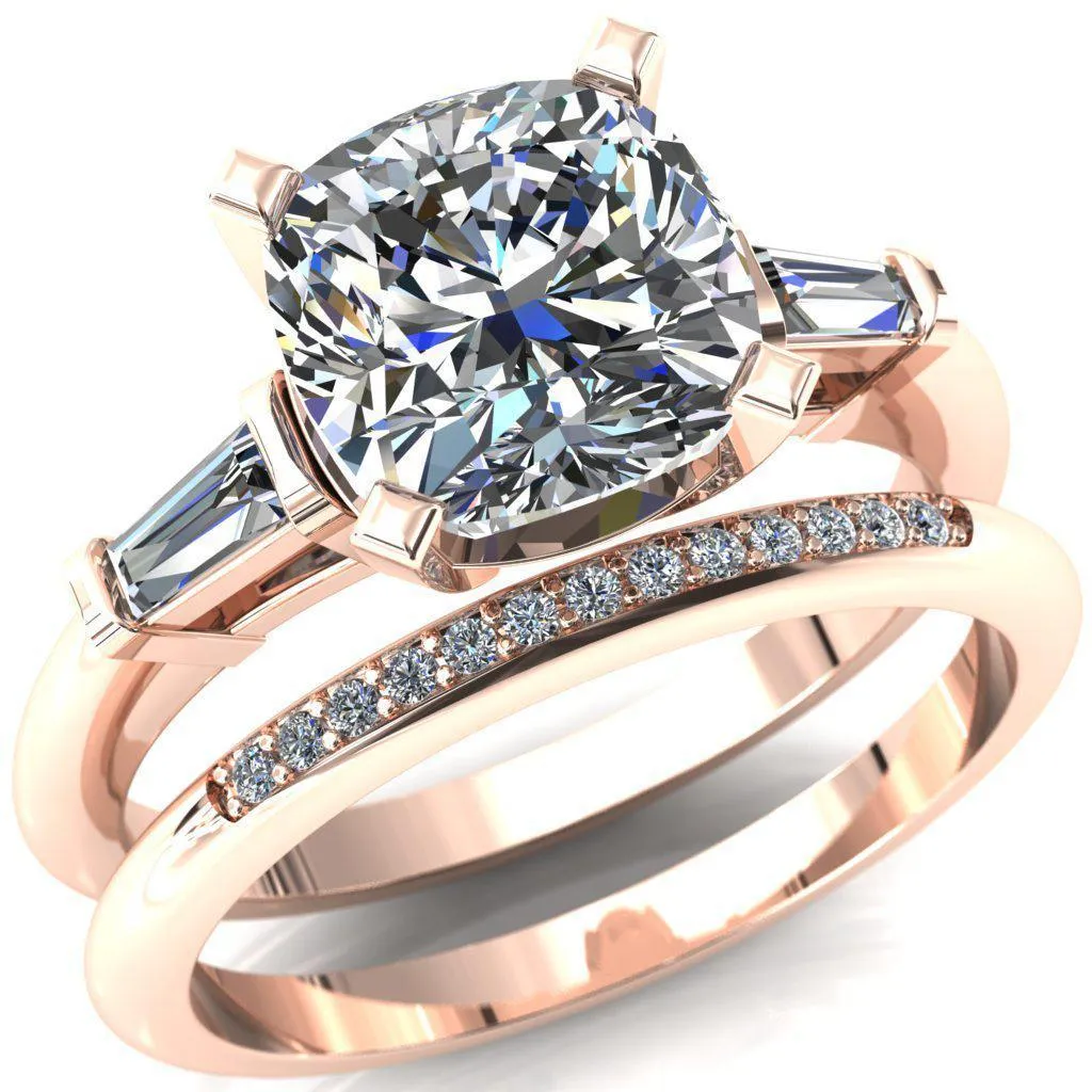Quinn Cushion Center Stone 4 Prong Single Baguette Diamond Side Ring