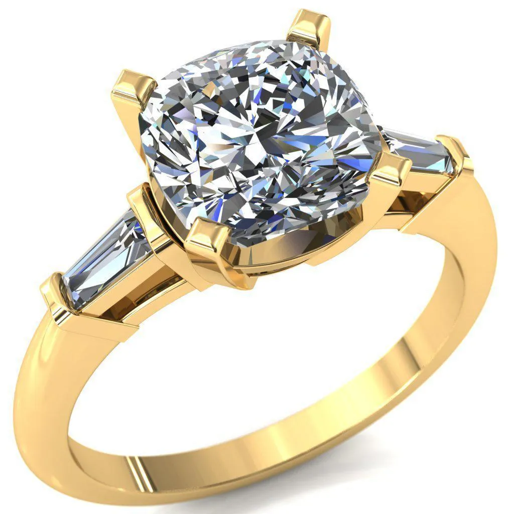 Quinn Cushion Center Stone 4 Prong Single Baguette Diamond Side Ring