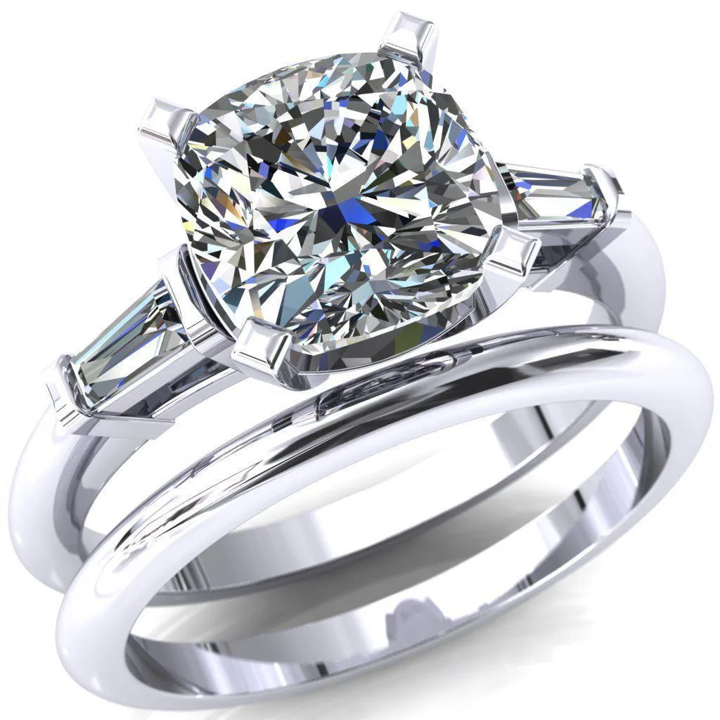 Quinn Cushion Center Stone 4 Prong Single Baguette Diamond Side Ring