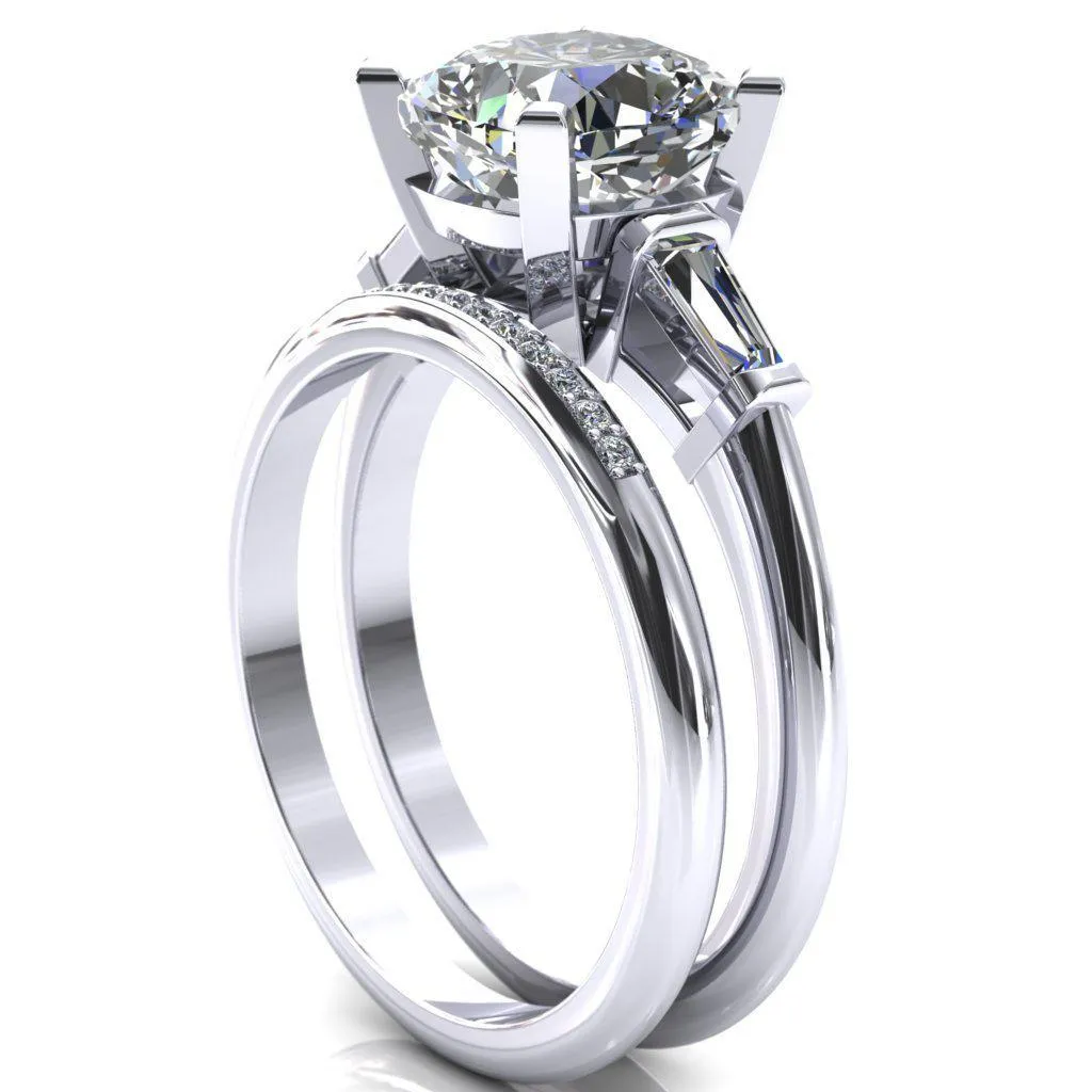 Quinn Cushion Center Stone 4 Prong Single Baguette Diamond Side Ring