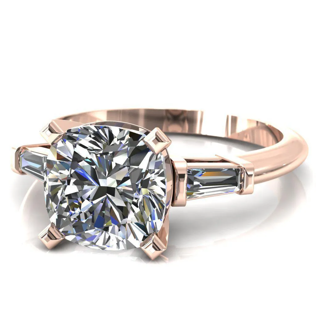 Quinn Cushion Center Stone 4 Prong Single Baguette Diamond Side Ring