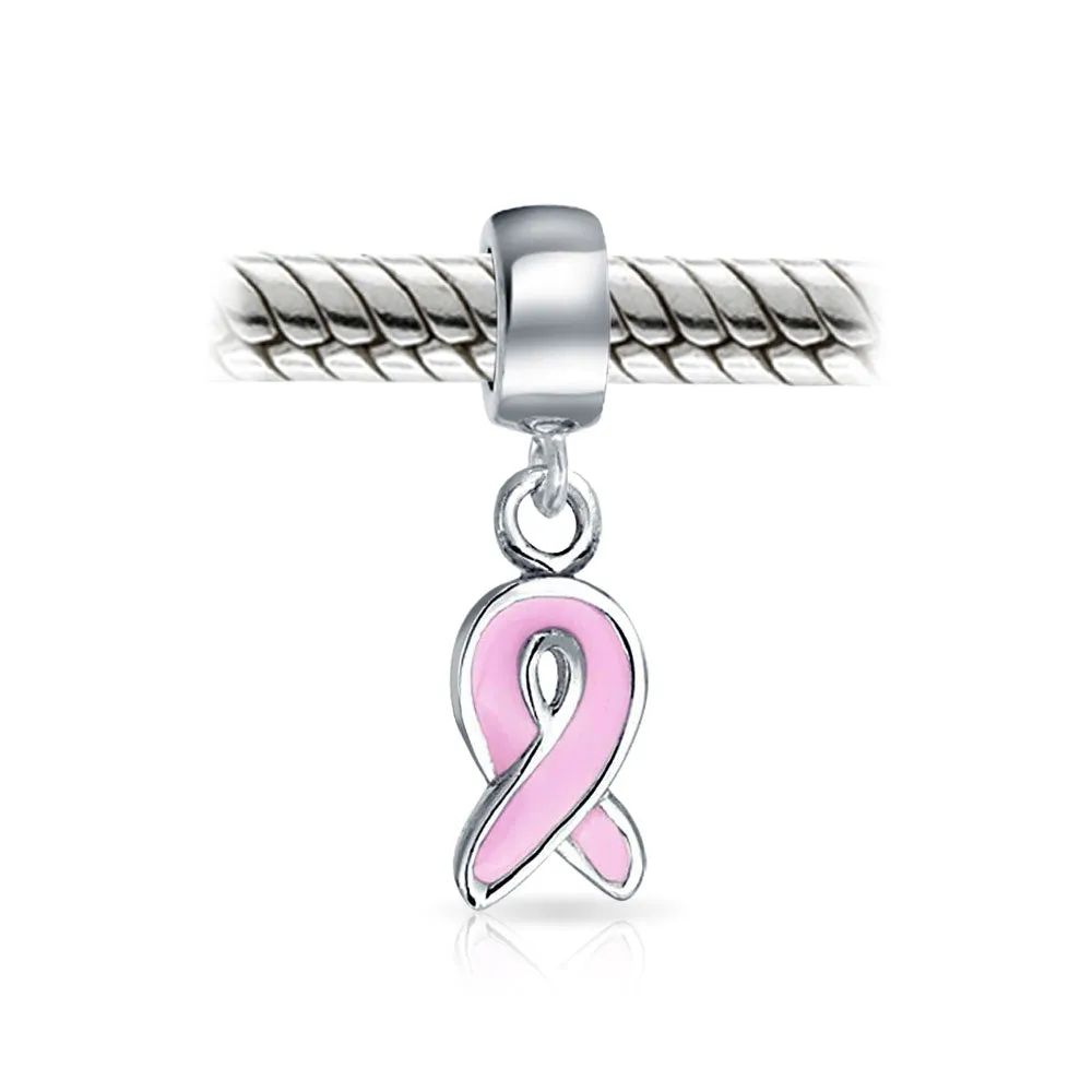 Radiant Pink Ribbon Hope Dangle Charm Bead Sterling Silver for Bracelets