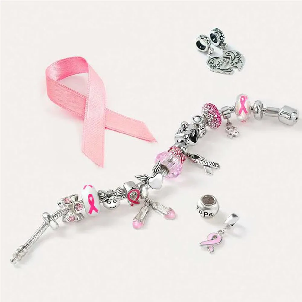 Radiant Pink Ribbon Hope Dangle Charm Bead Sterling Silver for Bracelets