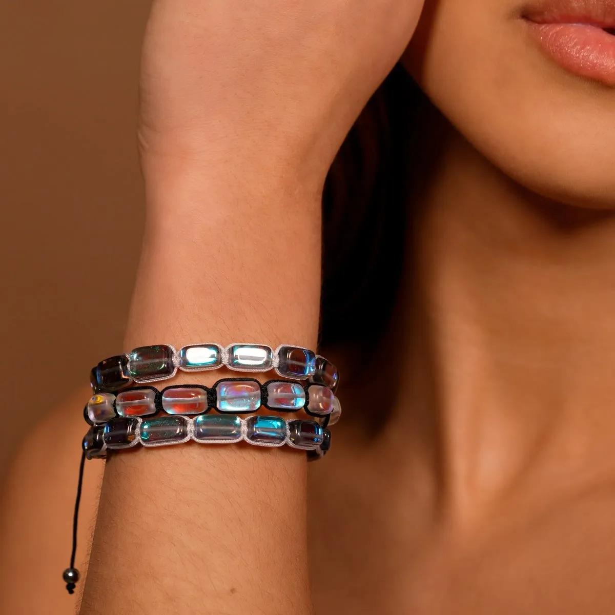 Rainbow Supernova | Silver | Galaxy Glass Pebble Macrame Bracelet