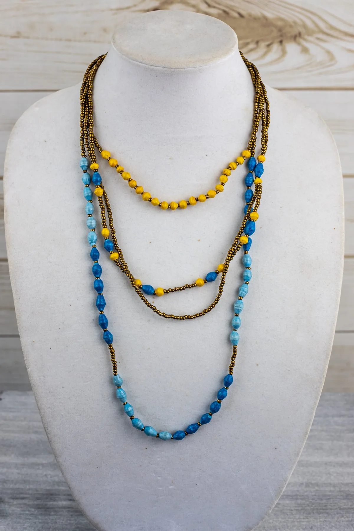 Recycled Paper Bead Necklace - Blue & Yellow