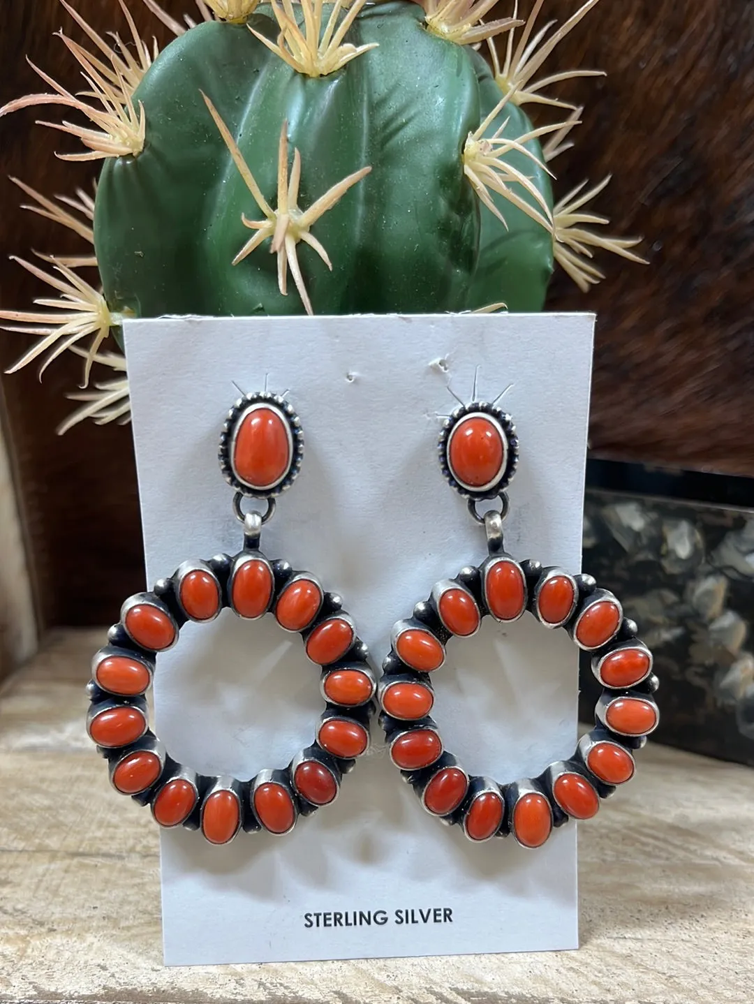Red Coral Post Hoop Sterling Earrings