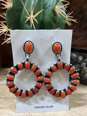 Red Coral Post Hoop Sterling Earrings
