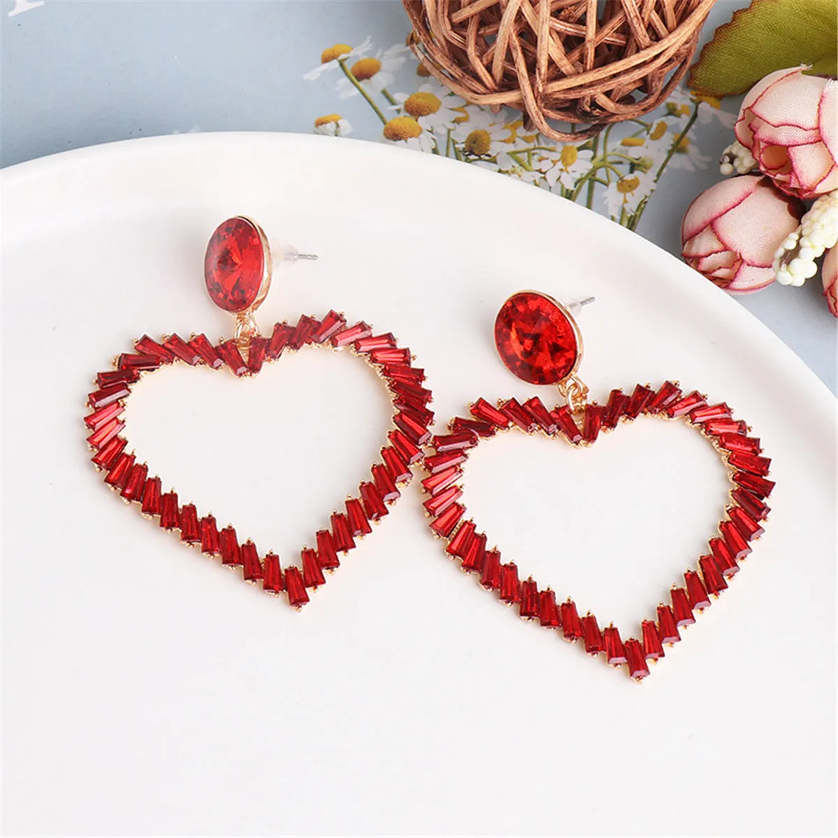 Red Crystal & 18K Gold-Plated Open Heart Drop Earrings