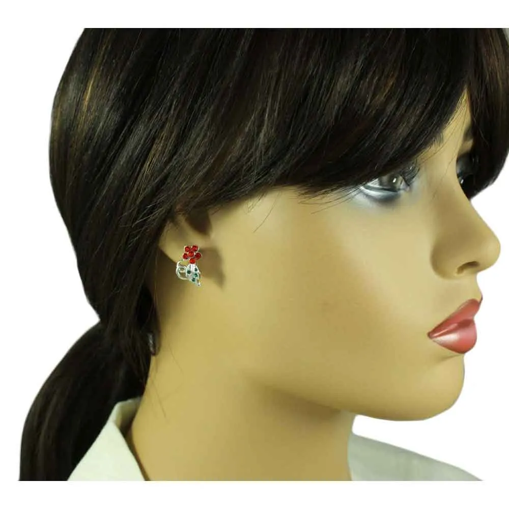Red Crystal Daisy with Green Leaf Pierced Earring - PRL029XE