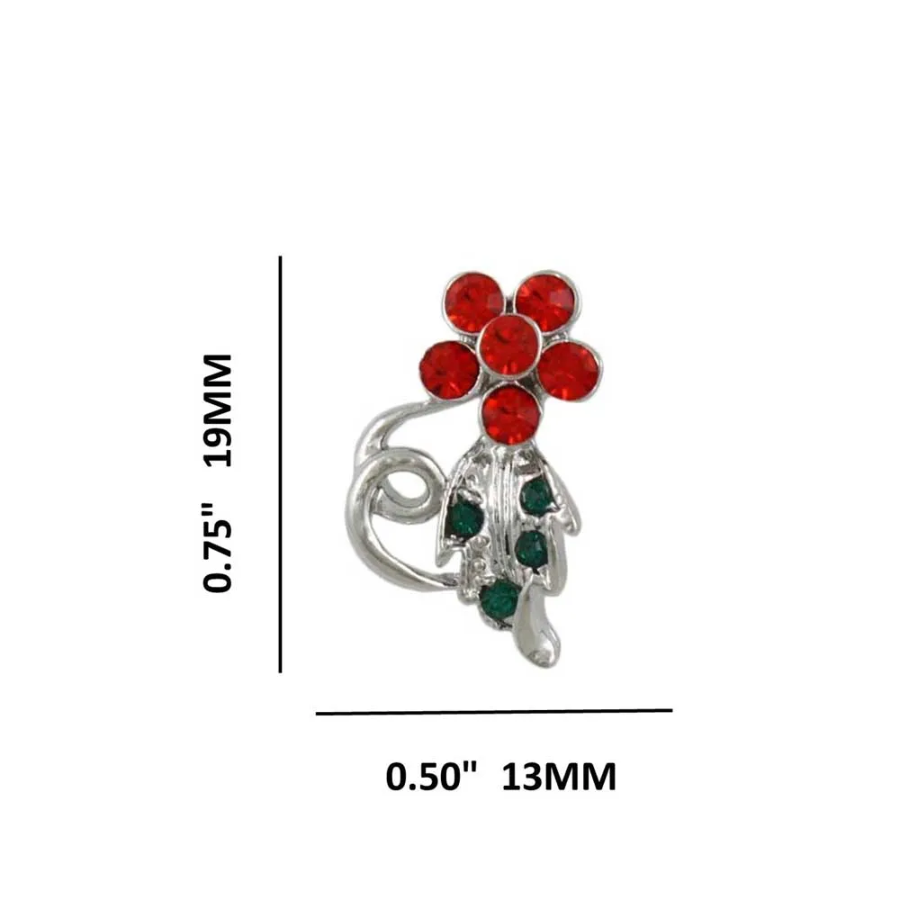 Red Crystal Daisy with Green Leaf Pierced Earring - PRL029XE