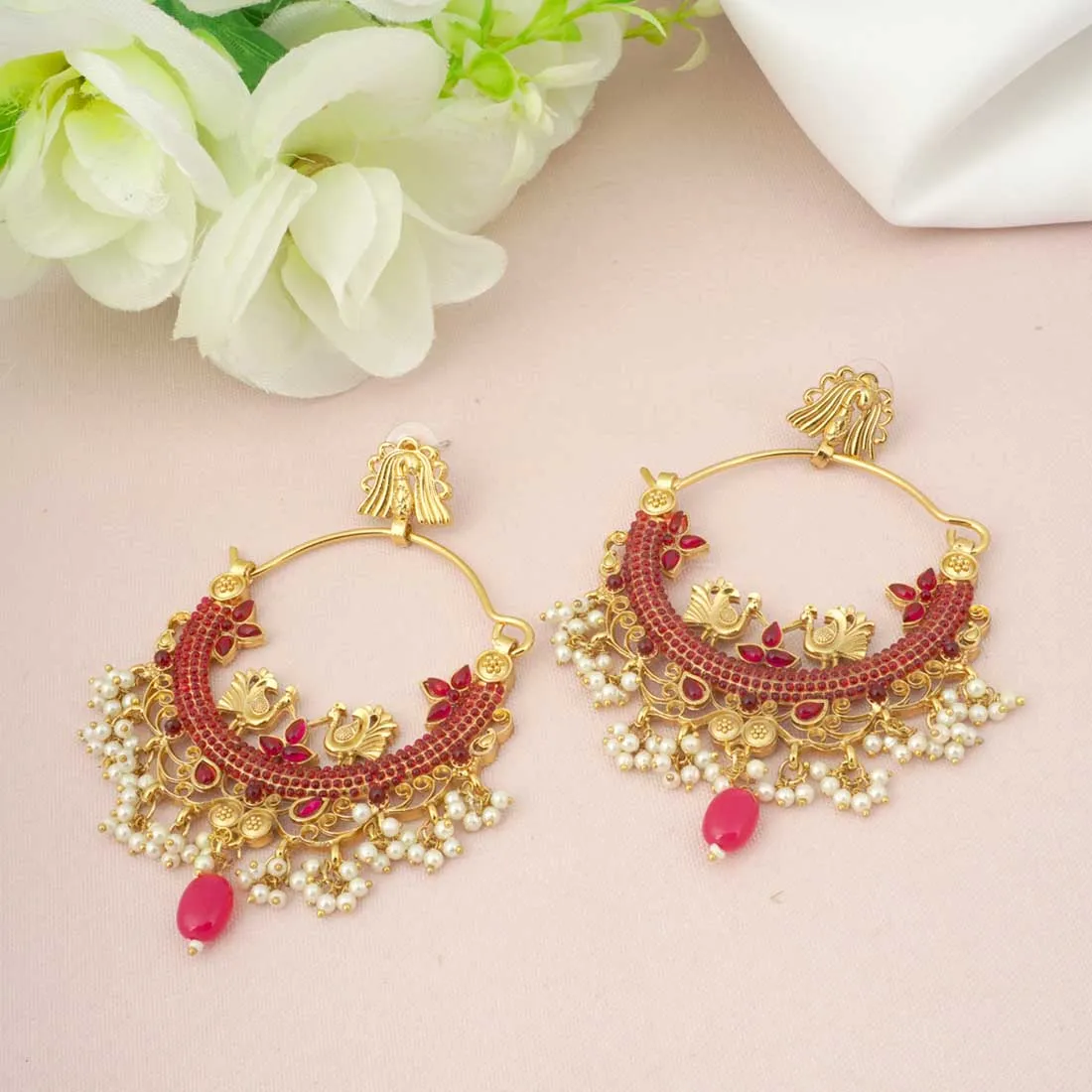 Red Crystal Gold Chandbalis