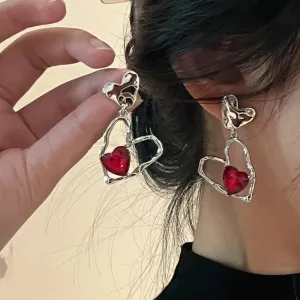 Red Crystal Stone Dangle Earrings Simple Vintage Gothic Pearl Heart Pendant Earring Ear Drop