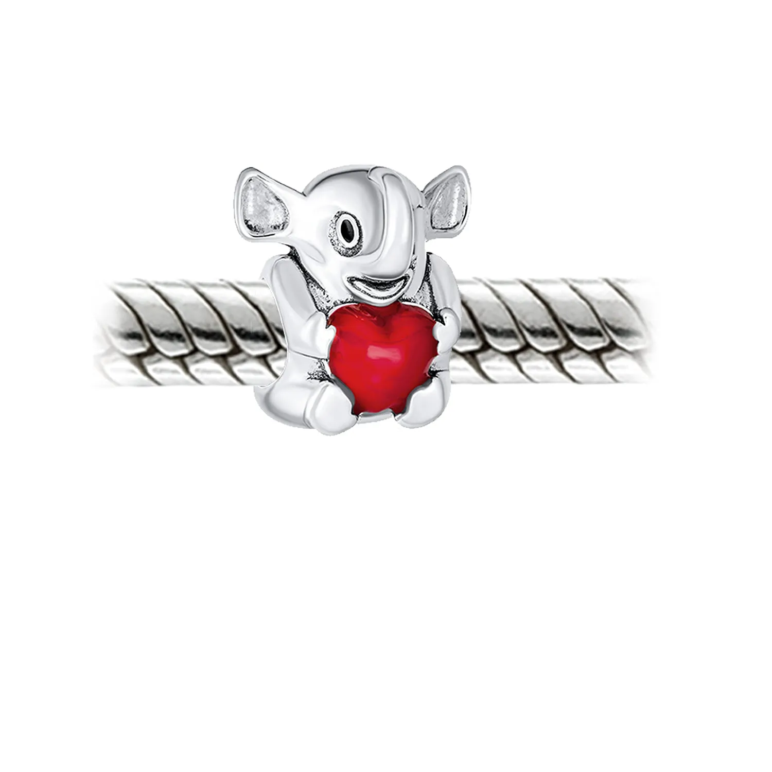Red Heart Elephant Charm Bead in Sterling Silver for European Bracelets