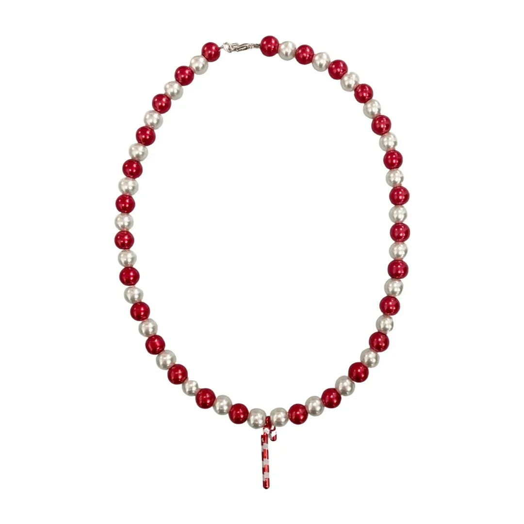 Red Pearls w/Candy Cane Beaded Necklace