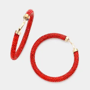Red Rhinestone Half Hoop Earrings | 2.5" | 482998