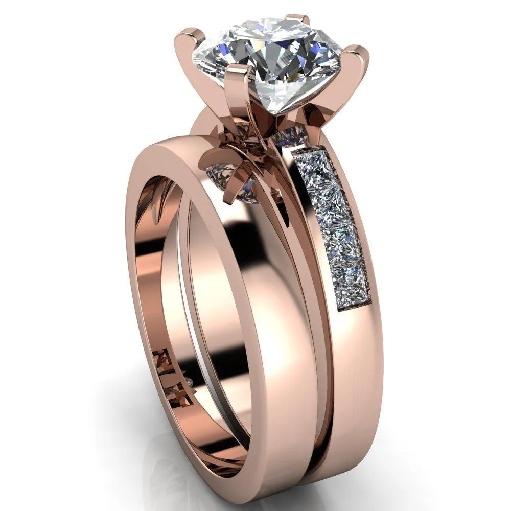 Reese Round Center Stone 4 Prong Princess Diamond Shoulder Cathedral Ring