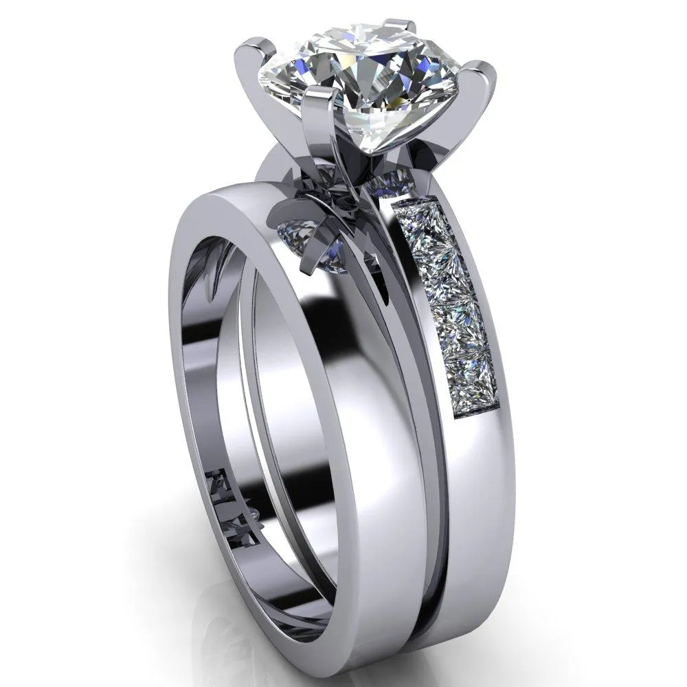 Reese Round Center Stone 4 Prong Princess Diamond Shoulder Cathedral Ring