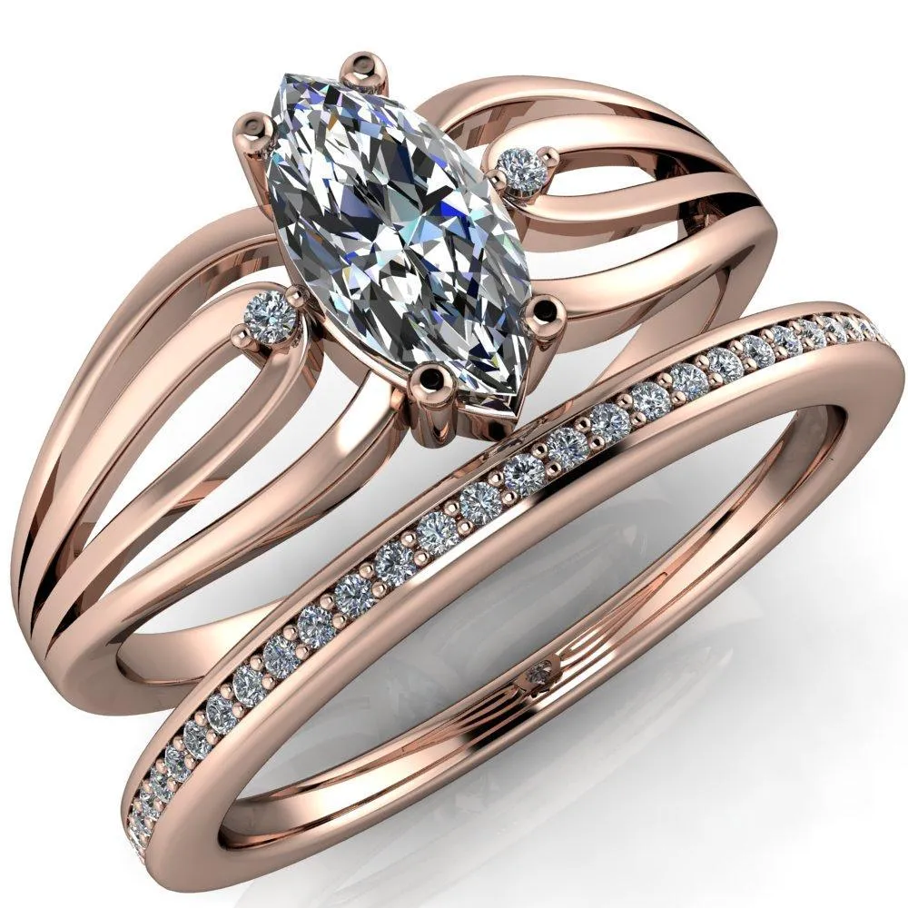 Rhae Marquise Center Stone 4 Prong Double Drop End Shank Ring