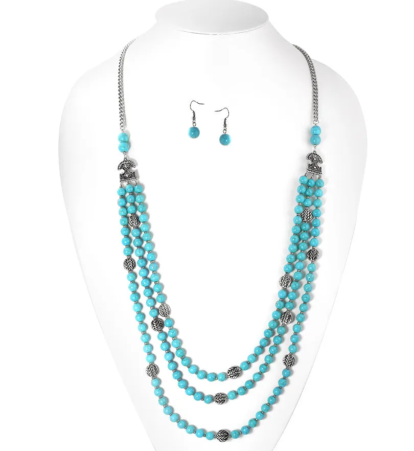 RHODIUM TONE METAL TURQUOISE BEADS EARRINGS AND NECKLACE #SQ321-173728RTRQ (AC21)
