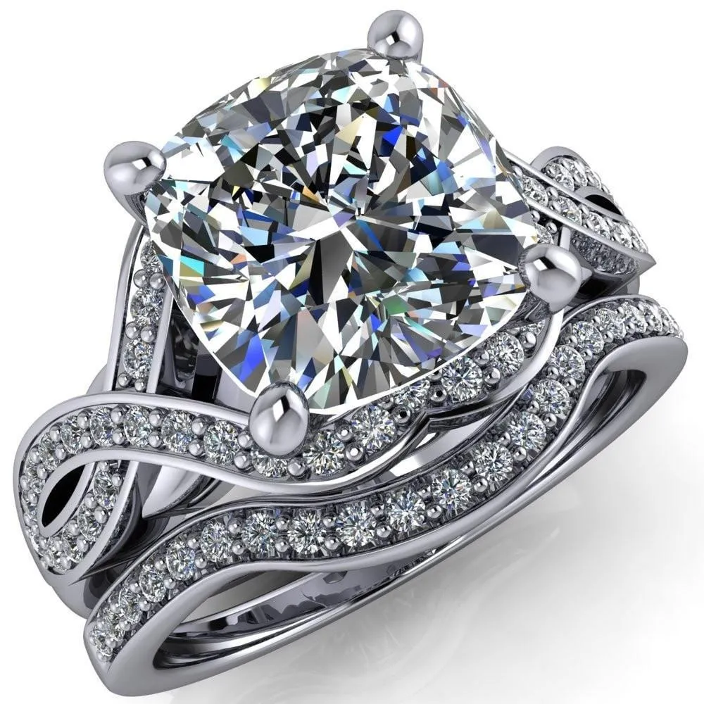 Rolling Stone Cushion Center Stone 4 Prong Split Shank Diamond Channel Ring