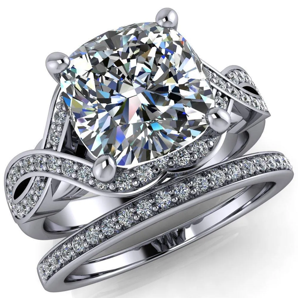 Rolling Stone Cushion Center Stone 4 Prong Split Shank Diamond Channel Ring