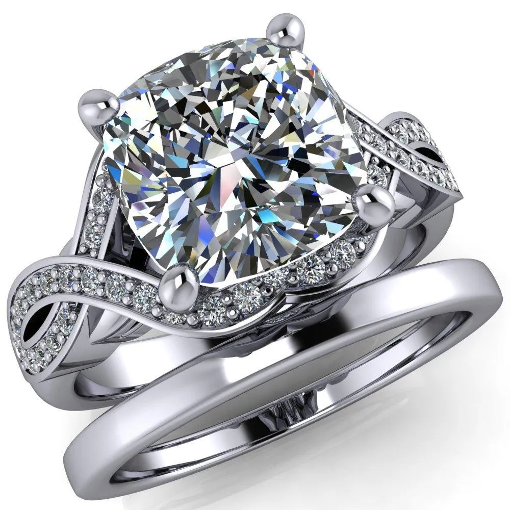 Rolling Stone Cushion Center Stone 4 Prong Split Shank Diamond Channel Ring