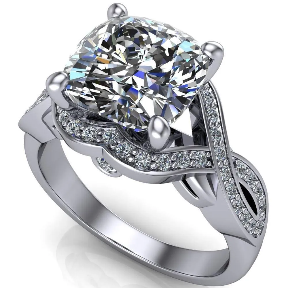 Rolling Stone Cushion Center Stone 4 Prong Split Shank Diamond Channel Ring