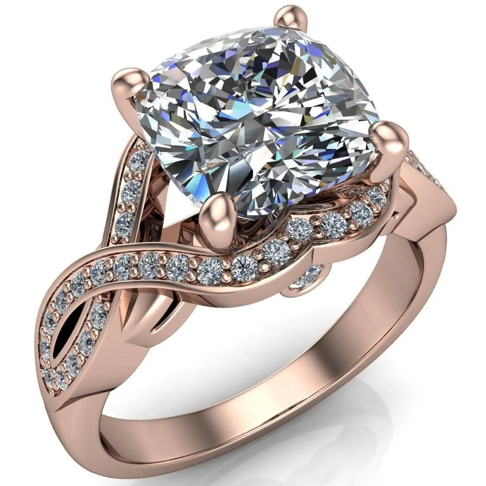 Rolling Stone Cushion Center Stone 4 Prong Split Shank Diamond Channel Ring
