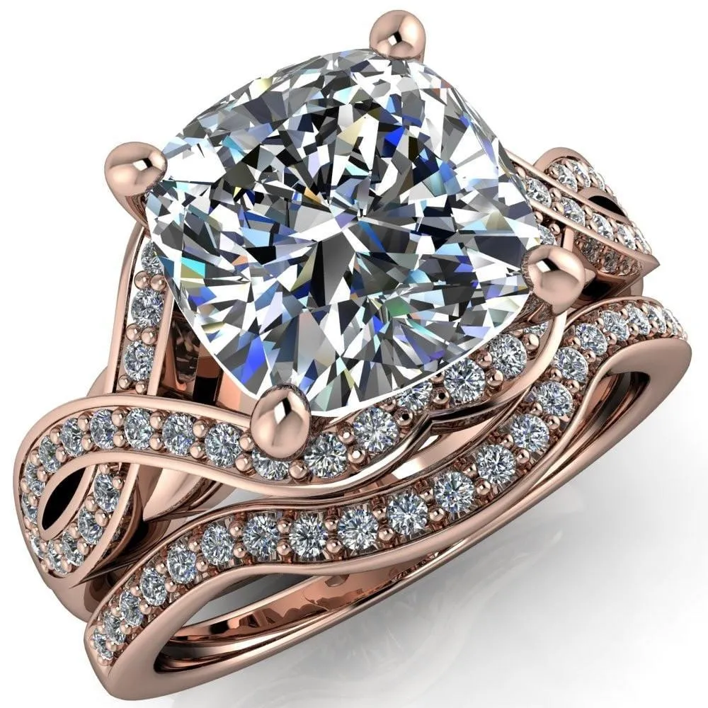 Rolling Stone Cushion Center Stone 4 Prong Split Shank Diamond Channel Ring