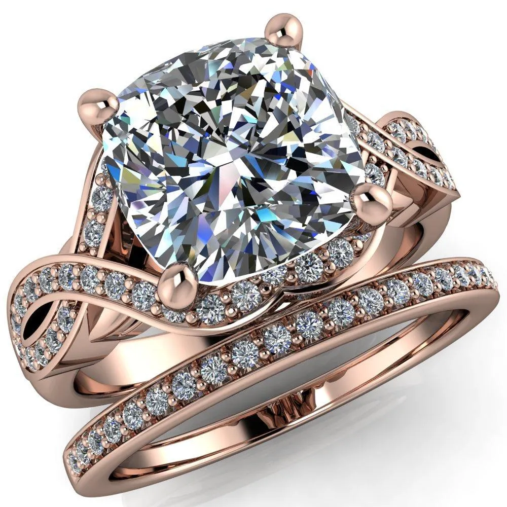 Rolling Stone Cushion Center Stone 4 Prong Split Shank Diamond Channel Ring